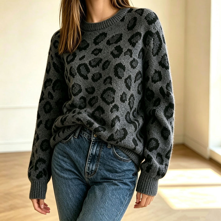 Damen Kuscheliger Rundhalspullover im Leo-Jacquard mit entspanntem Oversize-Schnitt Drune
