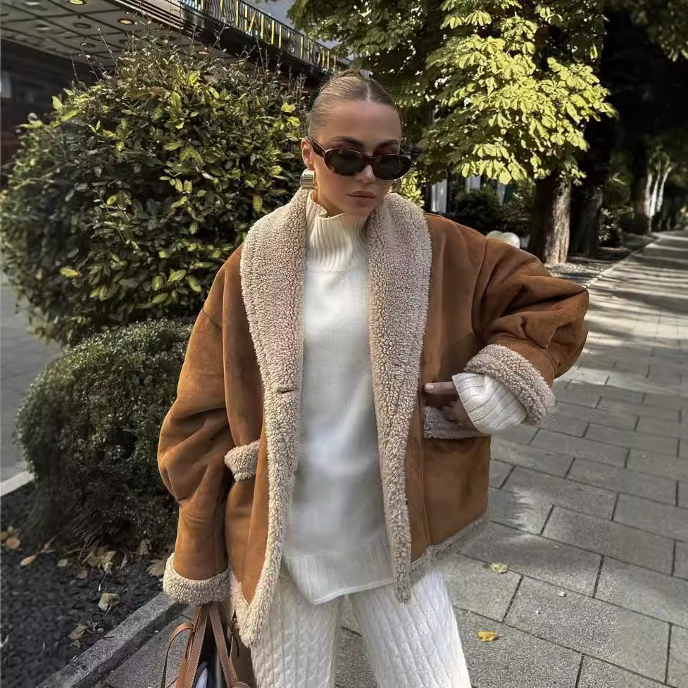 Damen nan boxy Kurzjacke im Aviator Look mit großem Schalkragen und Teddyfutter Drune
