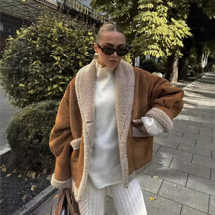 Damen nan boxy Kurzjacke im Aviator Look mit großem Schalkragen und Teddyfutter Drune
