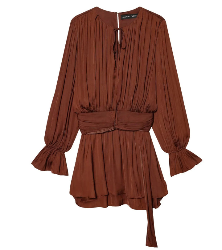 Damen Plissiertes Bindeblouson-Minikleid mit tailliertem Wickelgürtel und Glockenärmeln Drune