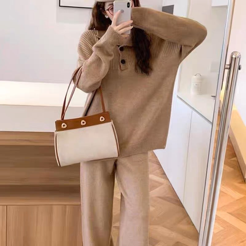 Damen Strickanzug mit dekorativen Knopfdetails und weitem Schnitt Drune