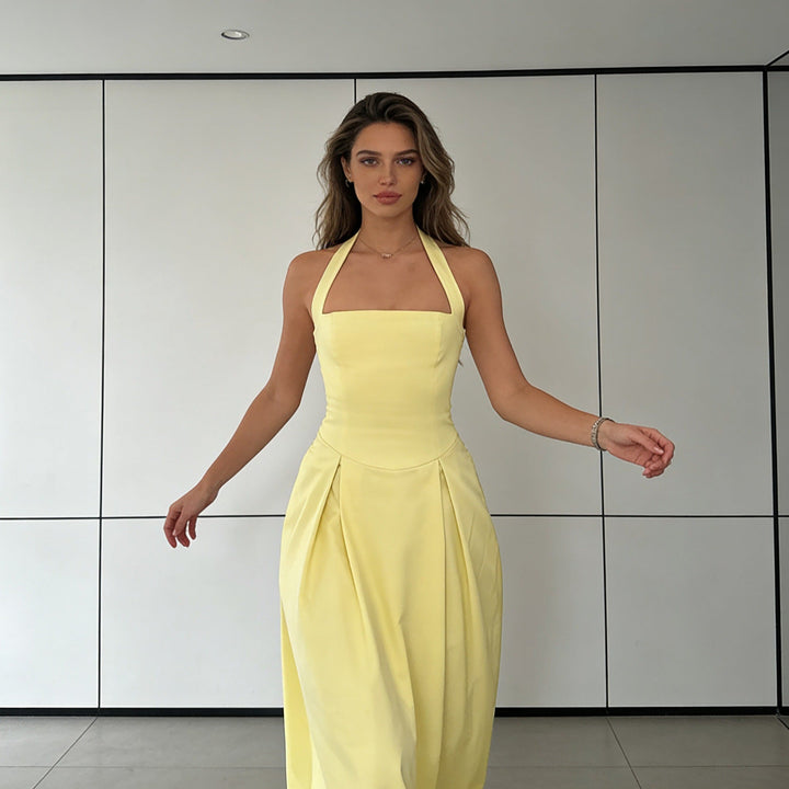 Damen Elegantes Midikleid mit tiefem V-Ausschnitt und stilvollem Faltenrock Drune