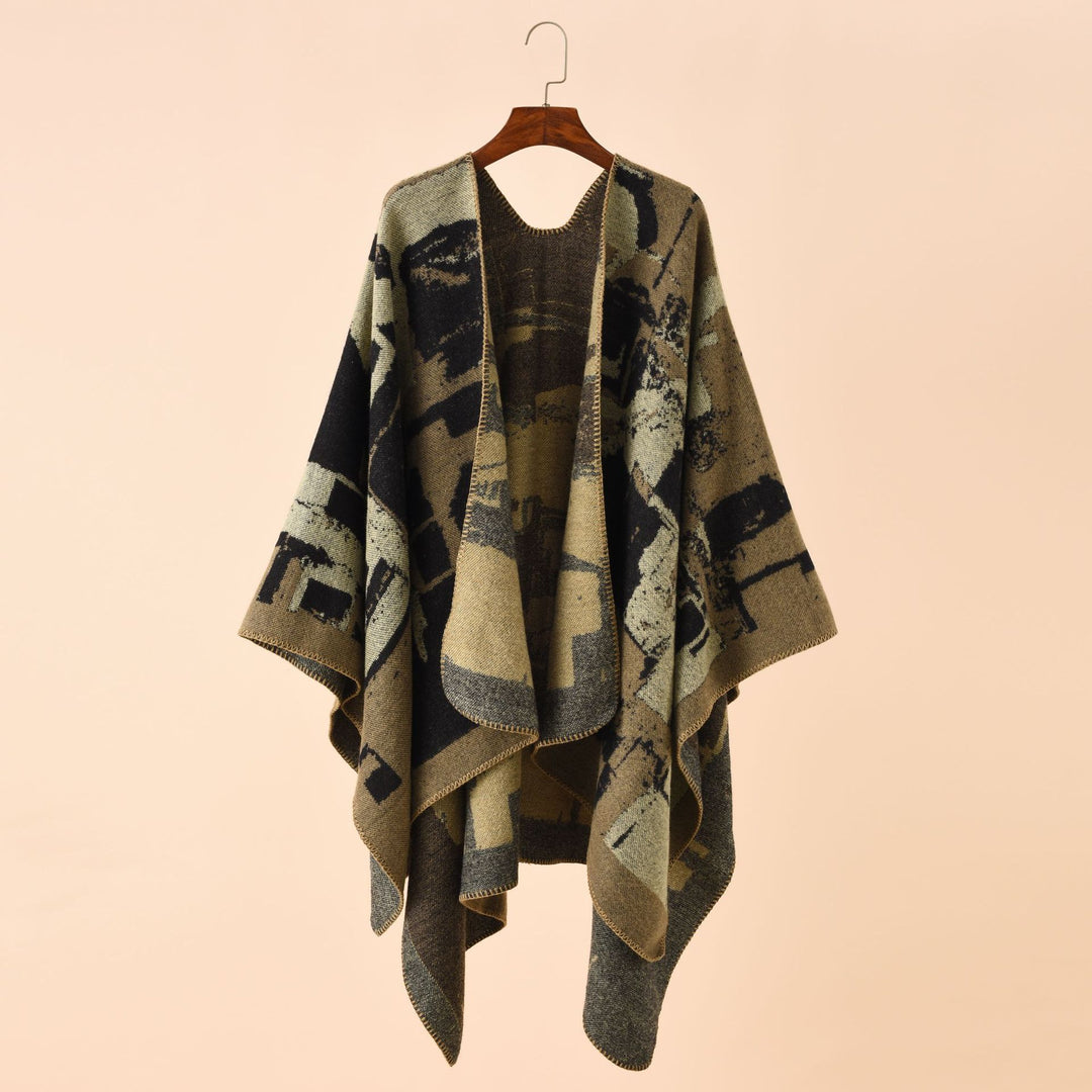 Damen Oversize-Umhangruana aus Wollmix mit abstraktem Jacquard und Zierstichkante Drune