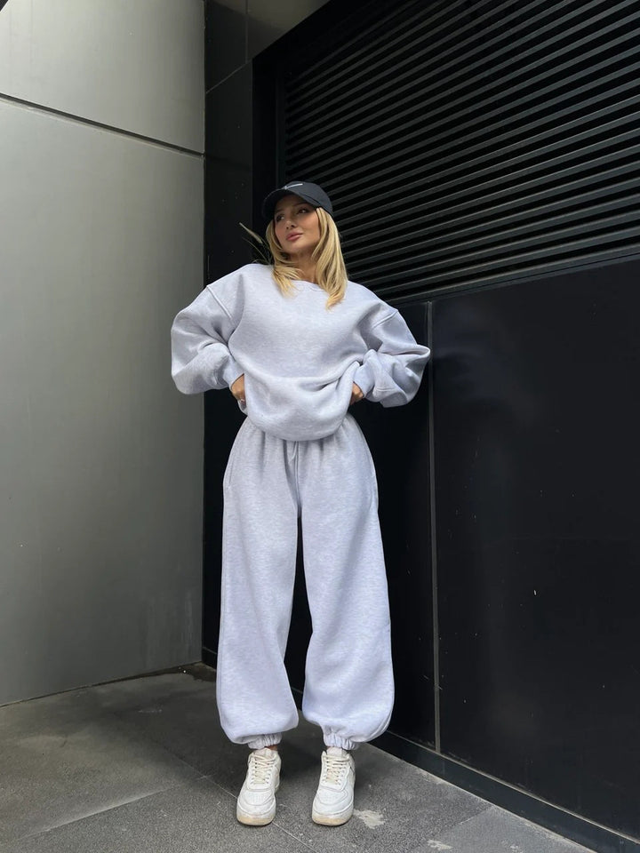 Damen Oversize-Crewneck und High-Waist Tunnelzug-Jogginghose Set aus weichem French-Terry Drune