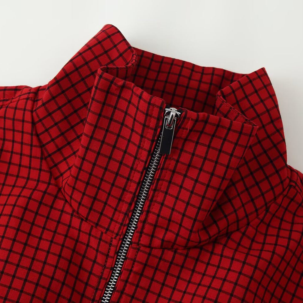 Damen Kurzblouson im Boxy‑Cut mit Stehkragen, Karo‑Print und Reißverschluss Drune