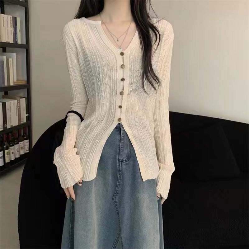 Damen eleganter V-Ausschnitt Pullover mit Knopfdetail und lässigen Ärmeln Drune