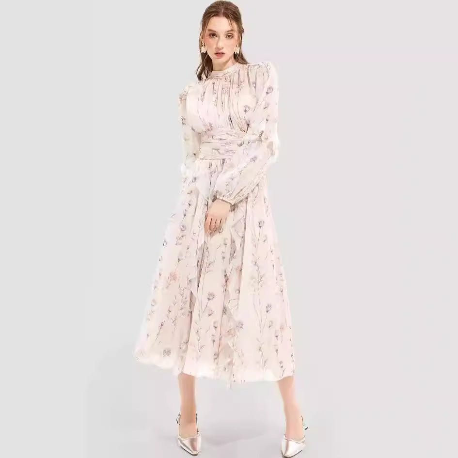 Damen Midi-Kleid mit floralen Stickereien und elegantem Rüschensaum Drune