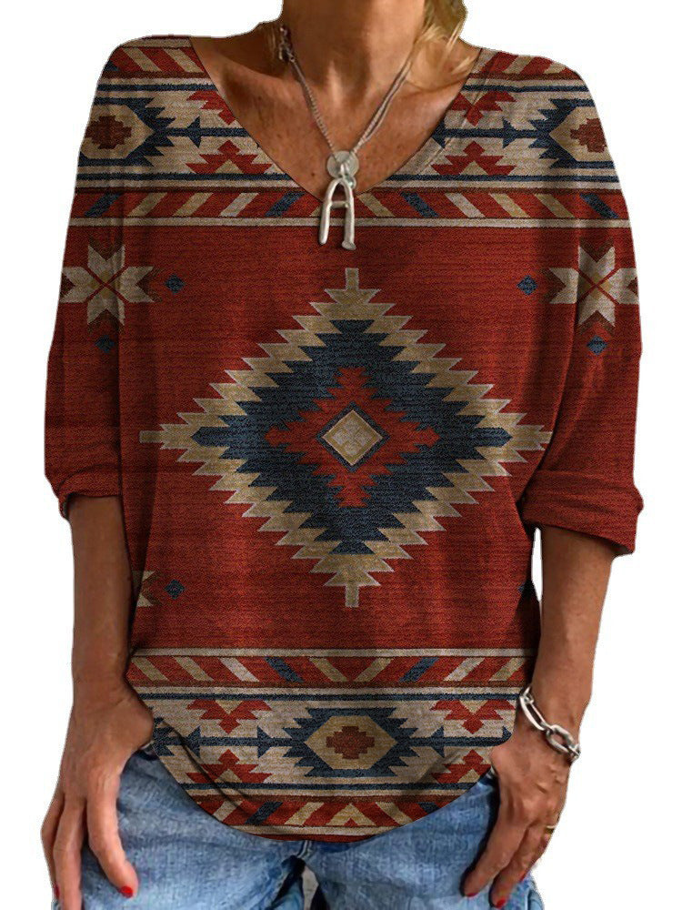 Damen Aztekisch gemustertes Oversize-Tunika-Top mit V-Ausschnitt und dreiviertel-Ärmeln Drune