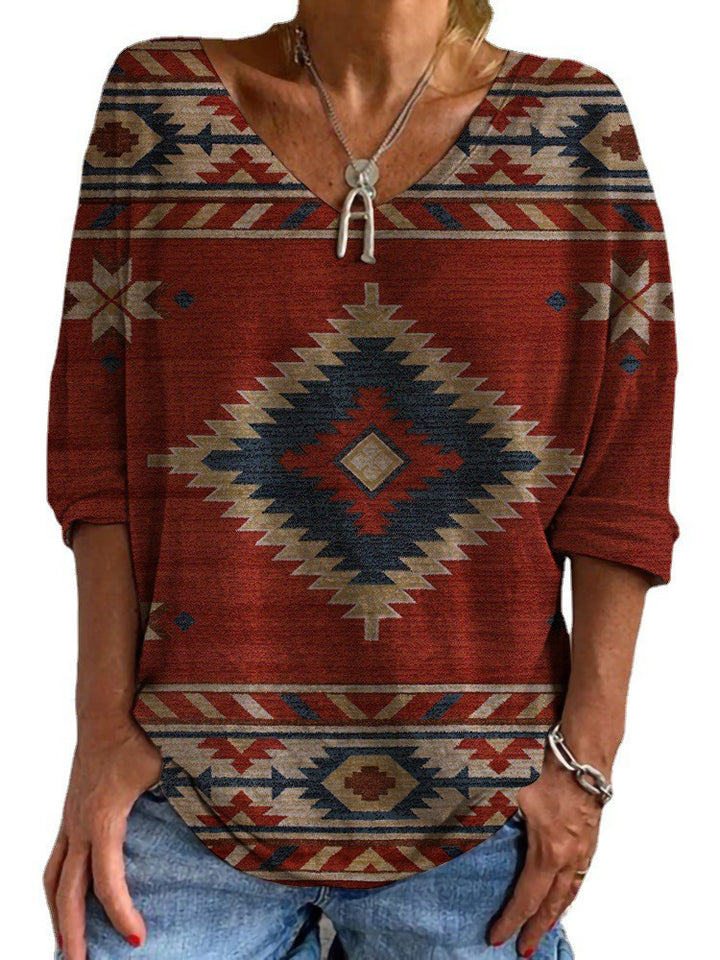 Damen Aztekisch gemustertes Oversize-Tunika-Top mit V-Ausschnitt und dreiviertel-Ärmeln Drune