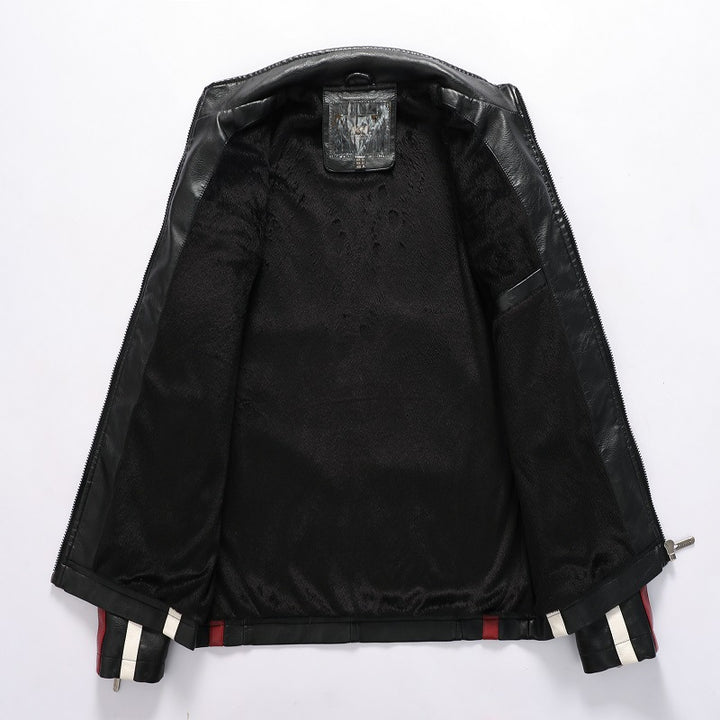 Herren Racing-Style Kunstlederjacke mit Aufnähern, Kontraststreifen und Stehkragen Drune