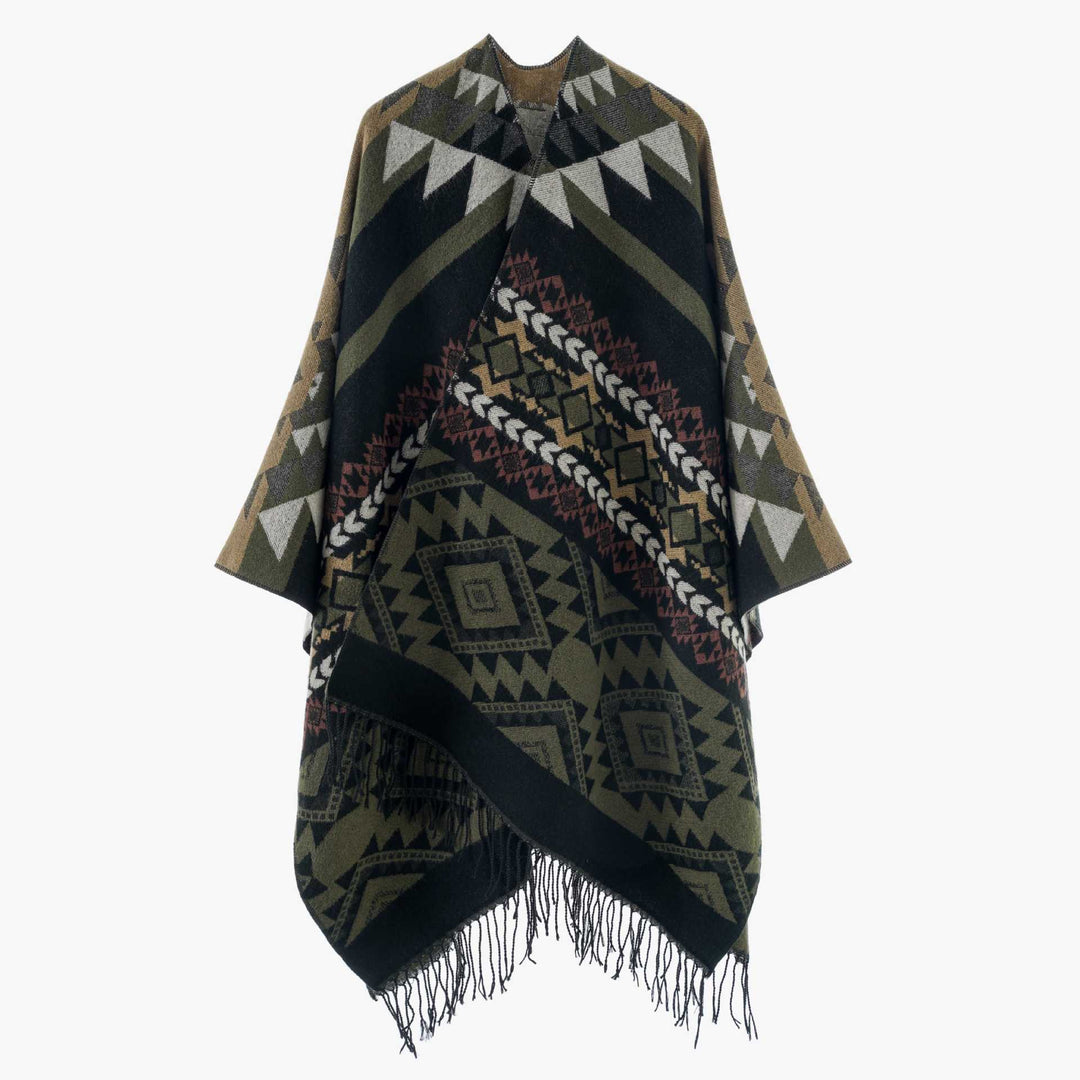 Damen Oversize Jacquard‑Überwurf im Ethno‑Muster mit Fransen Drune