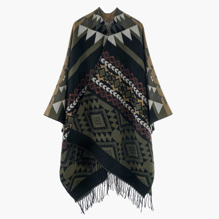 Damen Oversize Jacquard‑Überwurf im Ethno‑Muster mit Fransen Drune