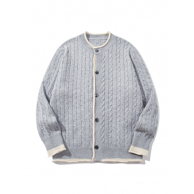 Unisex Feinstrick-Cardigan mit Zopfmuster, Rundhalsausschnitt und Kontrastblende Drune