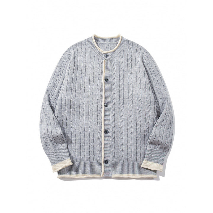 Unisex Feinstrick-Cardigan mit Zopfmuster, Rundhalsausschnitt und Kontrastblende Drune