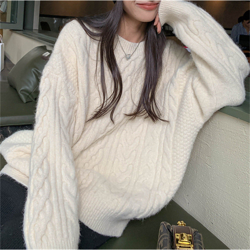Damen Grobstrickpullover mit Zopfmuster und weitem Schnitt Drune