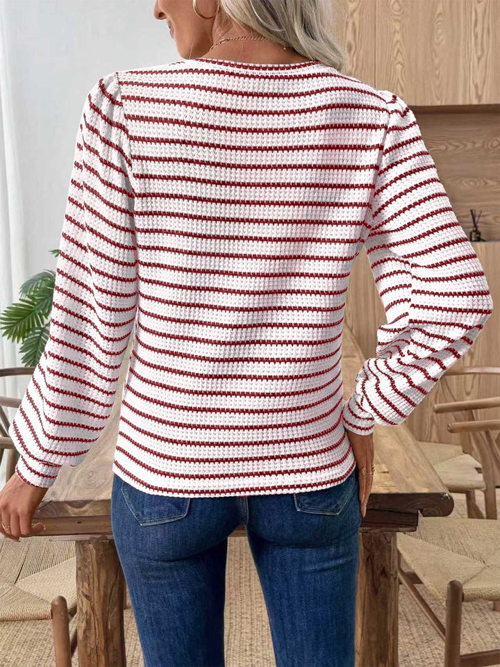 Damen Gestreifter Feinstrick-Pullover mitWaffelstruktur und Rundhalsausschnitt Drune