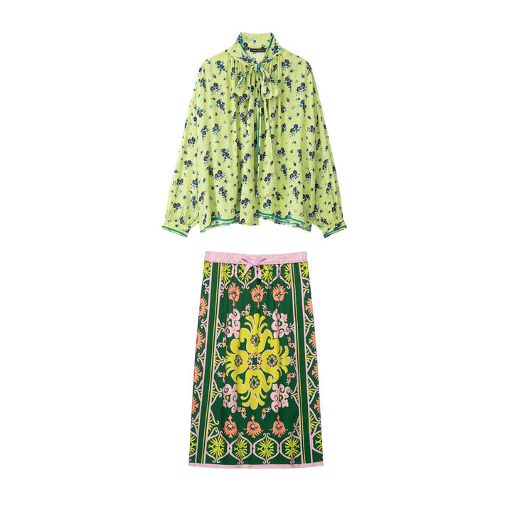 Damen Geblümte Chiffonbluse mit Schleifenkragen und Ballonärmeln Drune