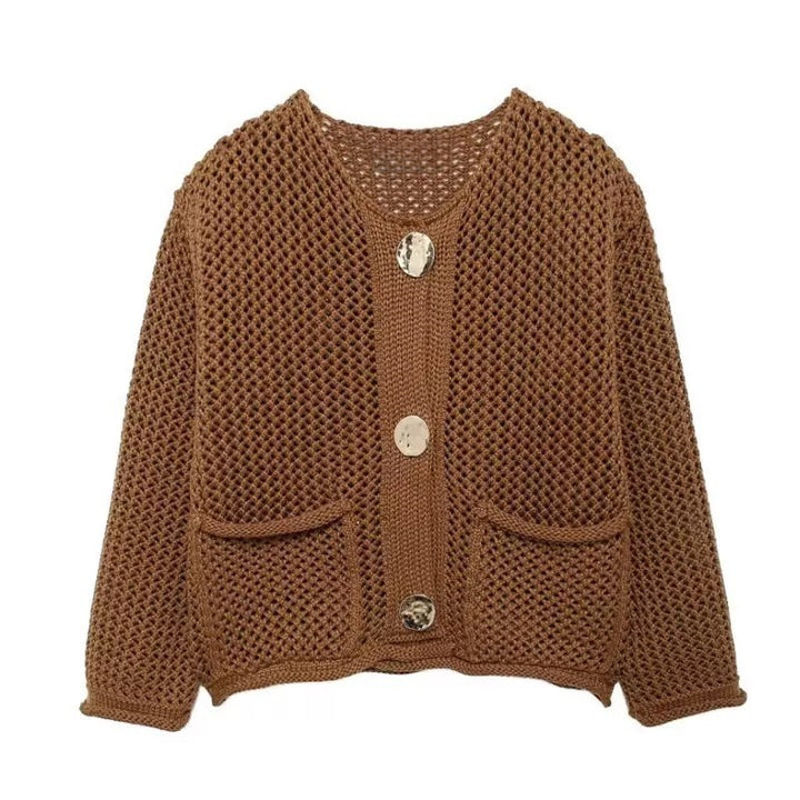 Damen Netzstrickjacke mit praktischen Taschen und dekorativen Knöpfen Drune