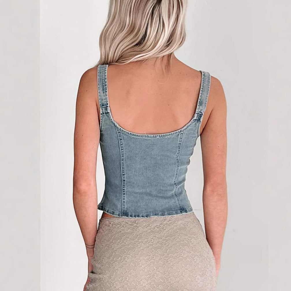 Damen Denim-Corsage mit Reißverschluss und verstellbaren Trägern Drune