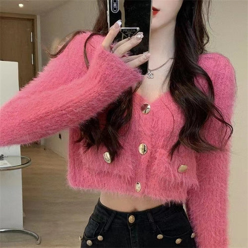 Damen Flauschige Strickjacke mit V-Ausschnitt und dekorativen Knöpfen Drune