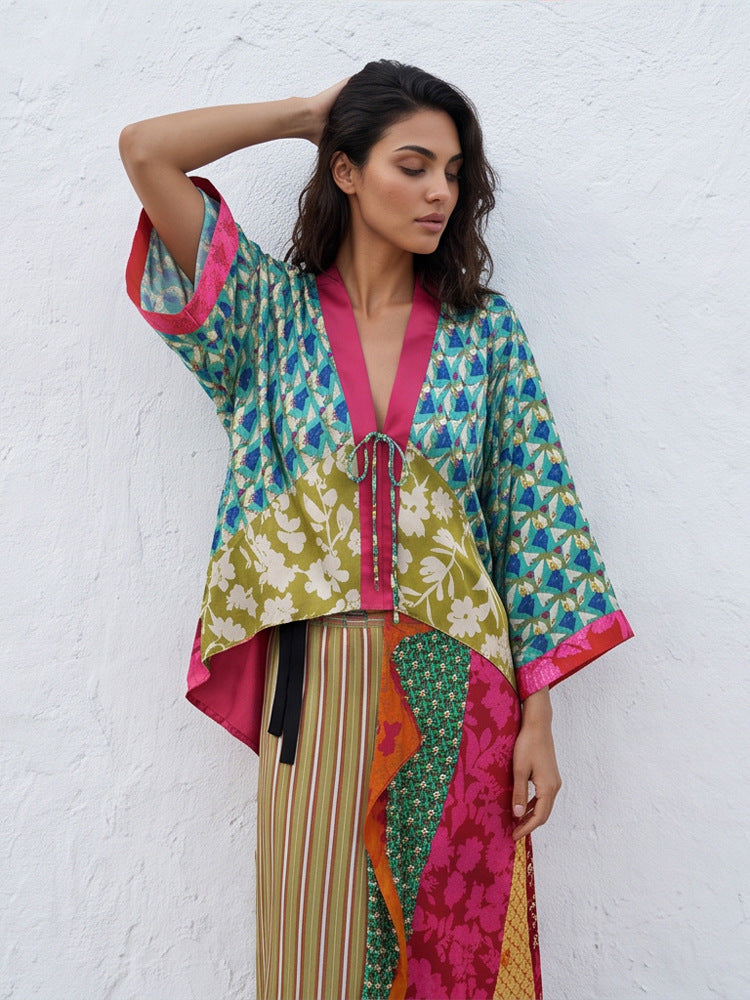 Damen Patchwork-Kimono-Top aus Seidenmix mit tiefem V‑Ausschnitt und Bindegürtel Drune