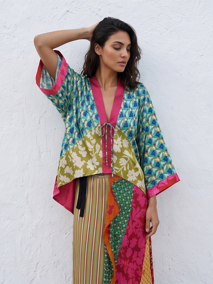 Damen Patchwork-Kimono-Top aus Seidenmix mit tiefem V‑Ausschnitt und Bindegürtel Drune