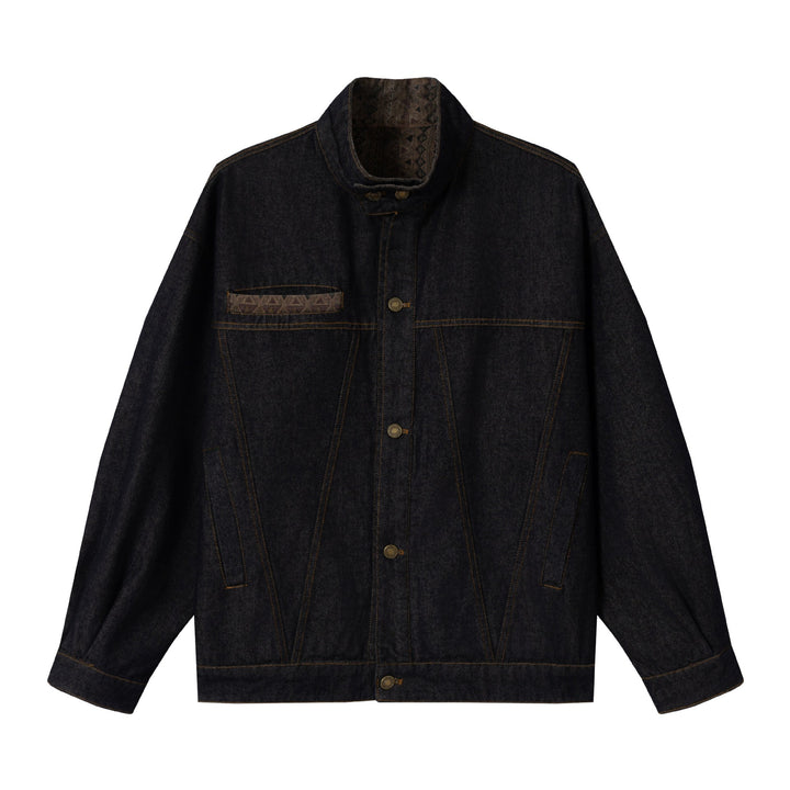 Unisex Oversized Denim-Blousonjacke mit Funnelkragen und dekorativer Brustblende Drune