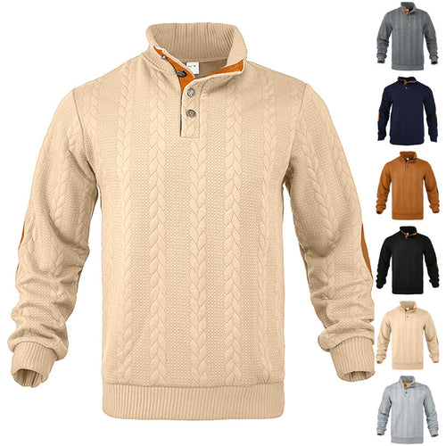 Herren nan lässiger Zopfstrickpullover mit verstärkter Knopfleiste und Wildleder-Ellenbogenpatches Drune
