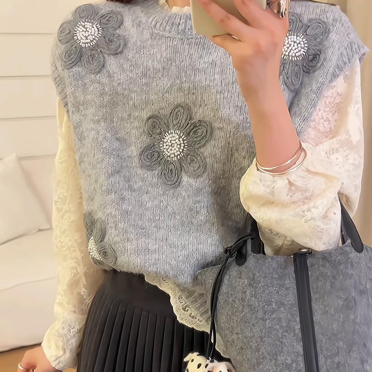 Damen Strickpullover mit floralen 3D-Applikationen Drune