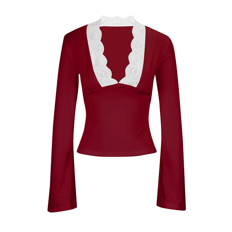 Damen Elegantes Langarm-Top mit Spitzenkragen Drune