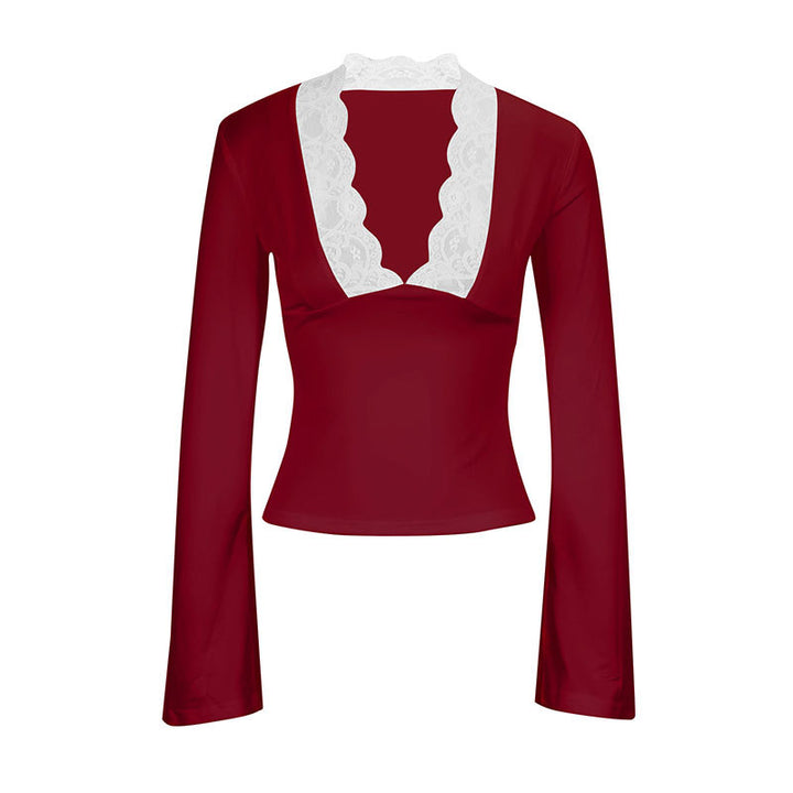 Damen Elegantes Langarm-Top mit Spitzenkragen Drune