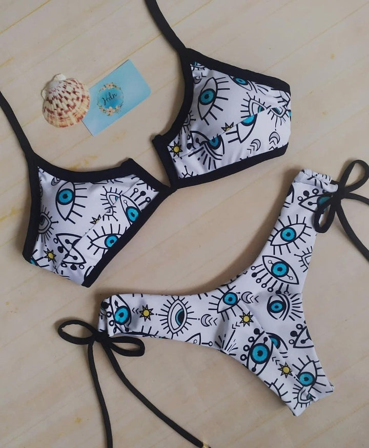 Damen Triangel-Bikini-Set mit einzigartigem Augenmuster Drune