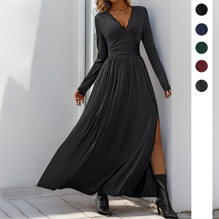 Damen Fließendes Maxikleid mit Spitzen‑V‑Ausschnitt, Wickel‑Taille und Seitenschlitz Drune