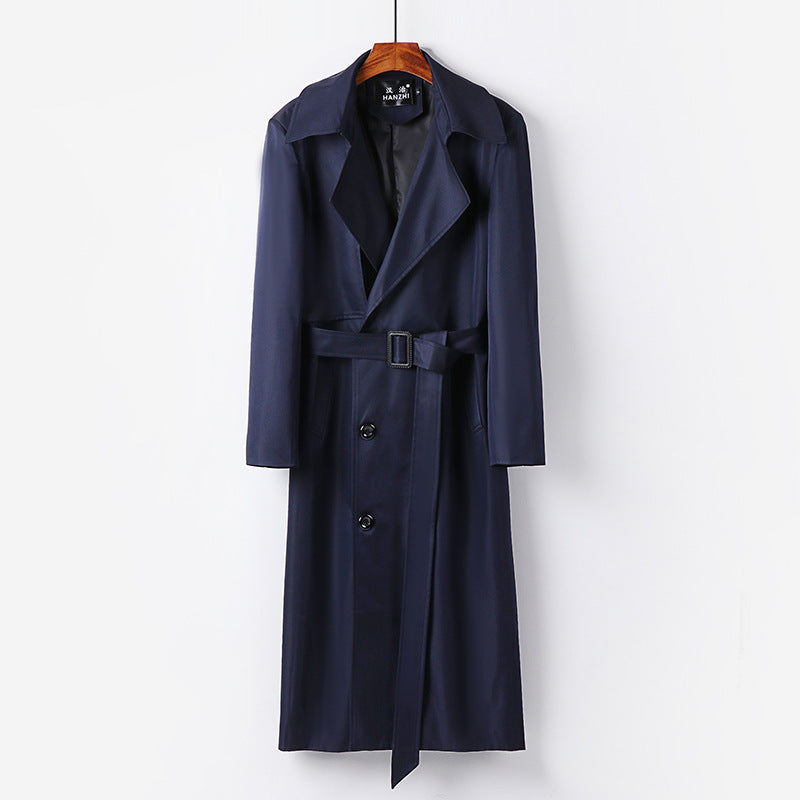 Herren Wasserabweisender Langtrenchcoat mit Taillengürtel und markantem Schalkragen Drune