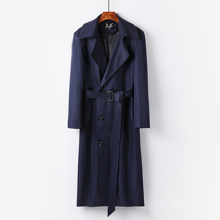 Herren Wasserabweisender Langtrenchcoat mit Taillengürtel und markantem Schalkragen Drune