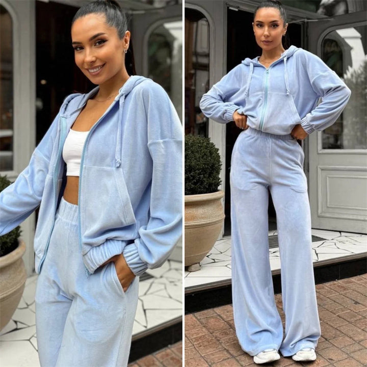 Damen Velours-Zip-Kapuzenjacke mit Marlene-Jogginghose Lounge-Set Drune