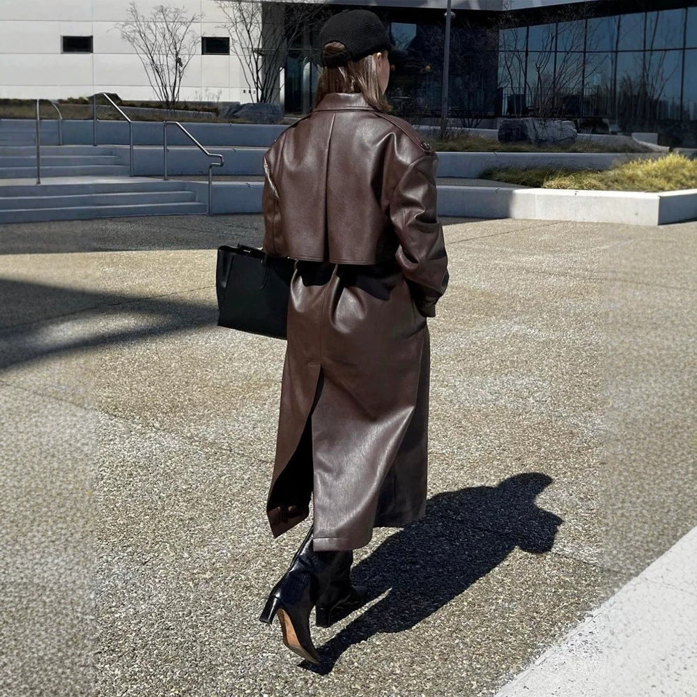 Damen Maxilanger Oversize Kunstleder-Trenchcoat mit weitem Revers und Taillengürtel Drune