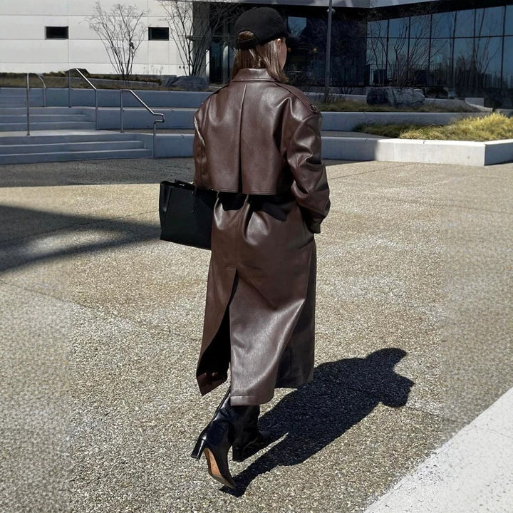 Damen Maxilanger Oversize Kunstleder-Trenchcoat mit weitem Revers und Taillengürtel Drune