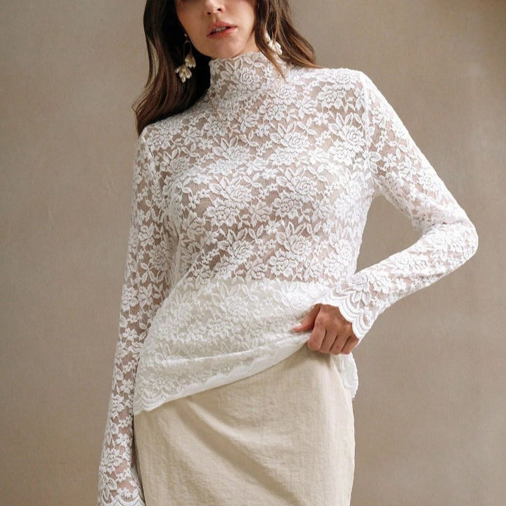 Damen Spitzenoberteil mit hohem Kragen und filigranem Blumendesign Drune