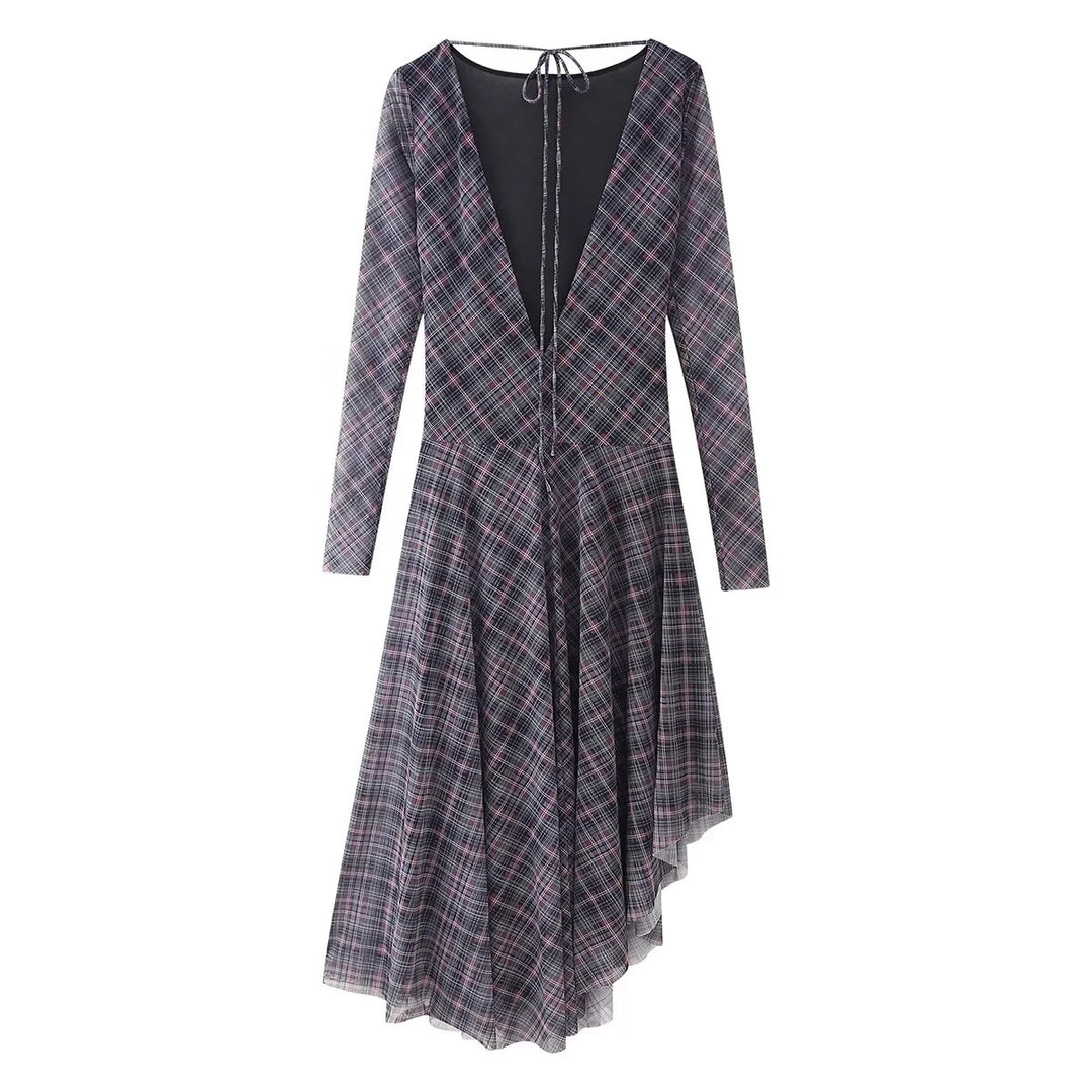 Damen nan asymmetrisches Midikleid mit Karomuster, geraffter Taille und schwingendem Stufenrock Drune