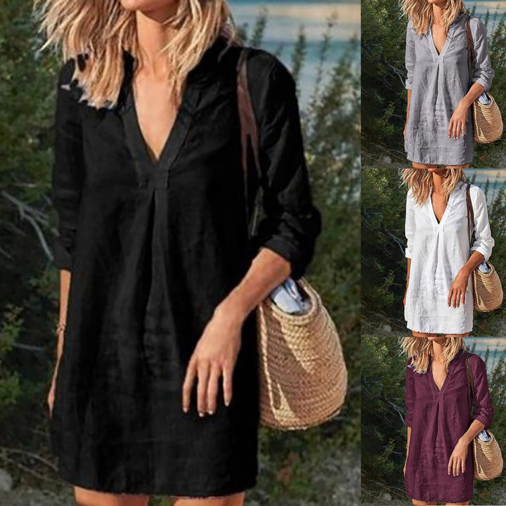 Damen nan Leinen Tunika Kleid mit V-Ausschnitt knielang lockere A-Linie Drune
