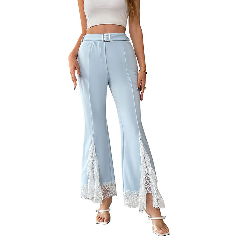 Damen High‑Waist Schlaghose mit seitlichen Spitzeneinsätzen, Taillengürtel und ausgestelltem Saum Drune