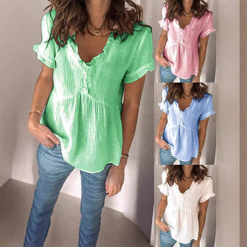 Damen V-Ausschnitt Bluse mit Rüschendetails und Knopfverschluss Drune