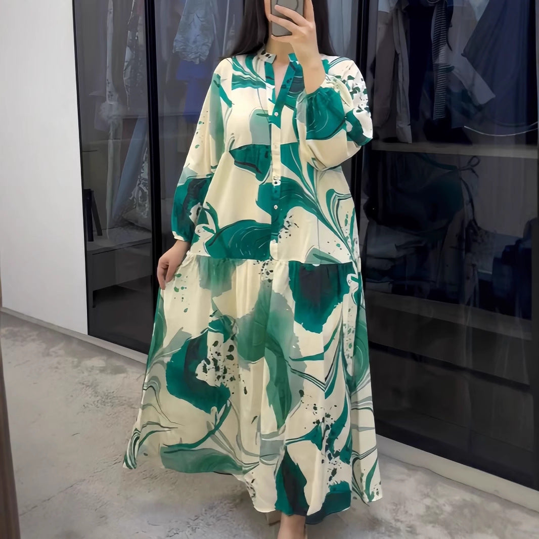 Damen Fließendes Maxikleid mit Stufenrock, überschnittenen Ballonärmeln und Stehkragen Drune