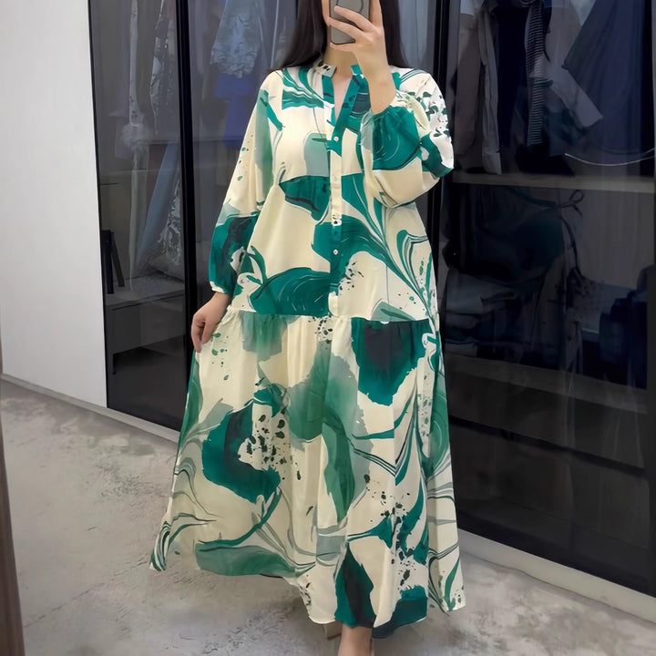 Damen Fließendes Maxikleid mit Stufenrock, überschnittenen Ballonärmeln und Stehkragen Drune