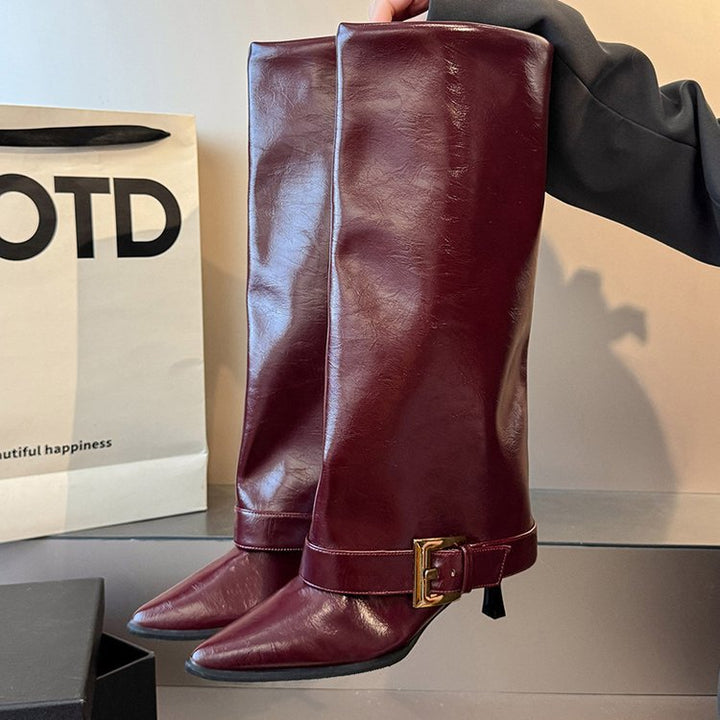 Damen Kniehohe spitz zulaufende Lederoptik-Stiefel mit schmaler Spitze und dekorativem Knöchelriemen Drune