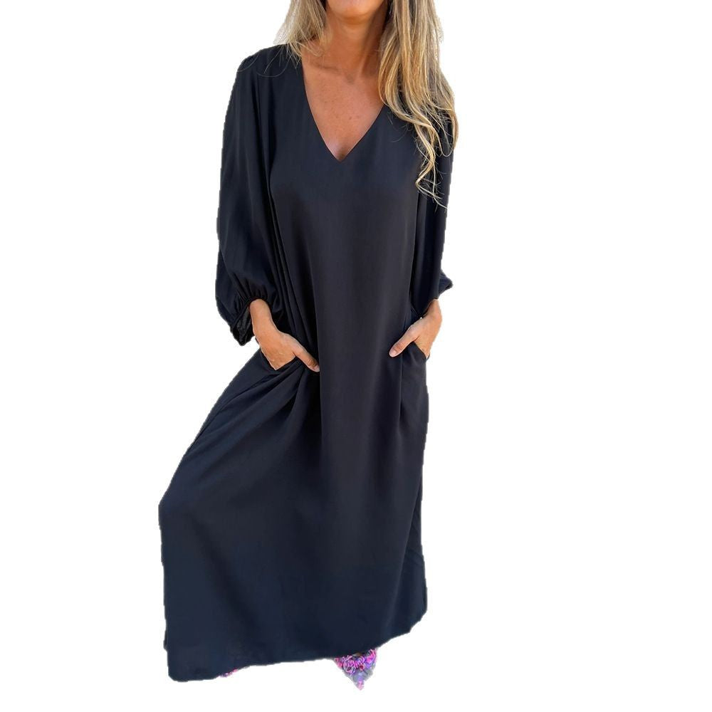 Damen Elegantes Midi-Kleid mit V-Ausschnitt und Puffärmeln Drune