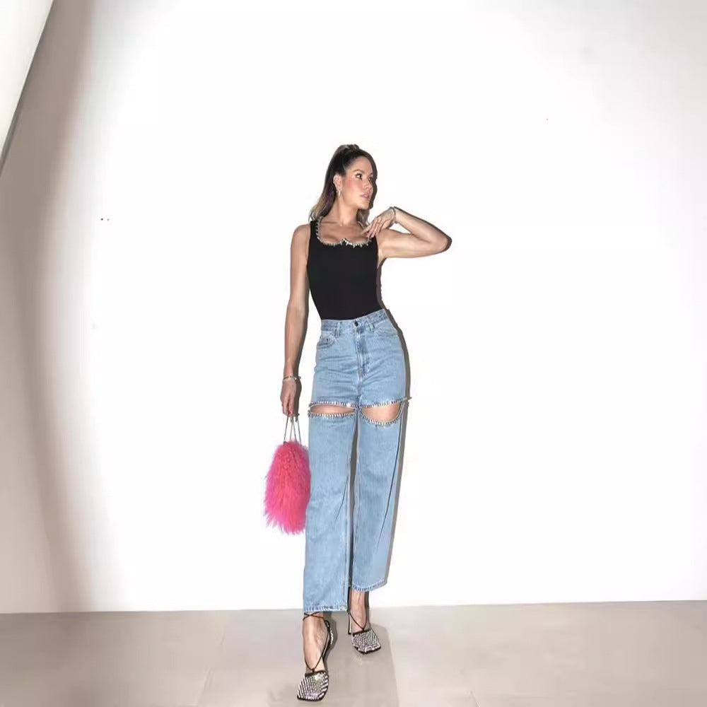 Drune Damenjeans mit Löchern, gerader Schnitt
