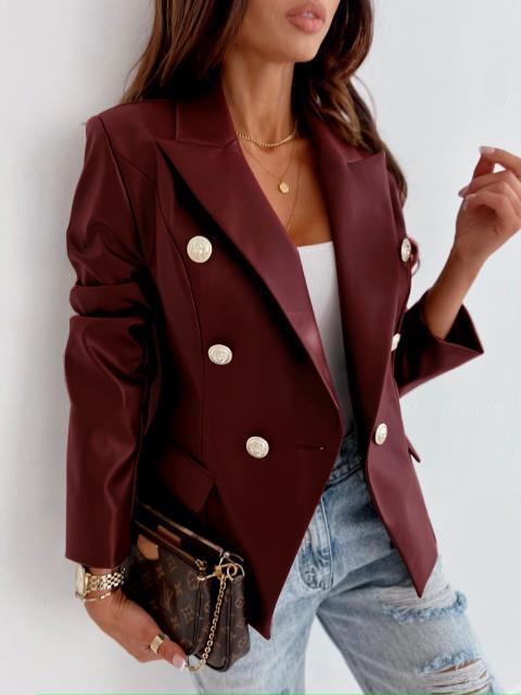 Damen eleganter Kunstleder Blazer mit doppelter Knopfleiste Drune