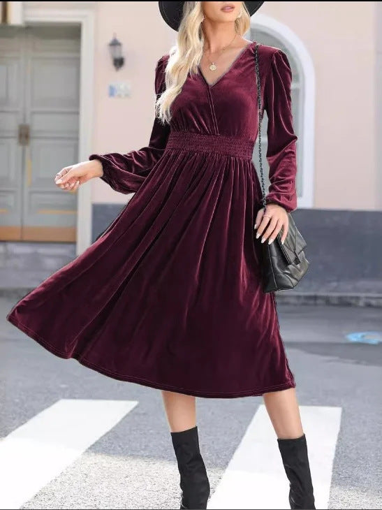 Damen Midikleid aus Samt mit V-Ausschnitt, geraffter Smock-Taille und langen Ballonärmeln Drune